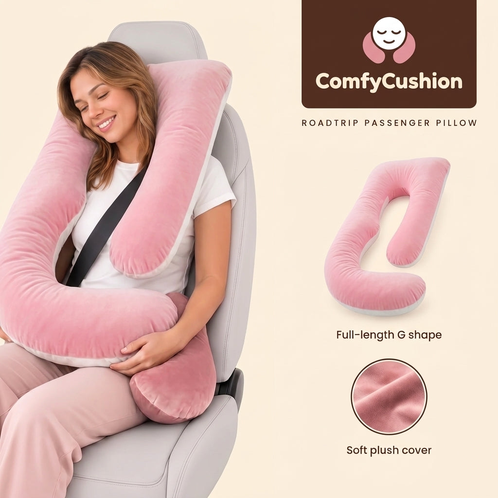 Woman resting in the passenger seat with the ComfyCushion pillow